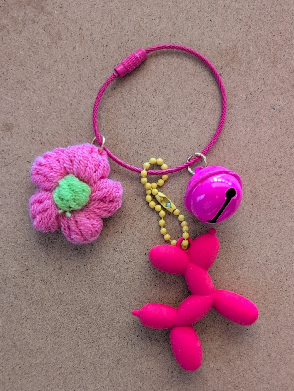 Pink Balloon Dog Keychain with Flower Charm